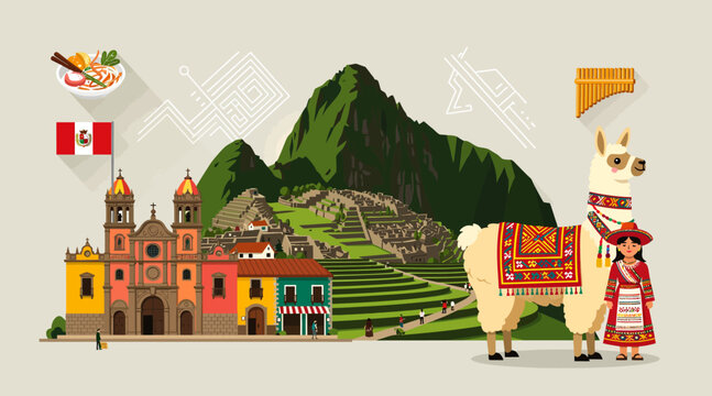 Peru travel illustration: Machu Picchu, Cusco, llama, and flag
