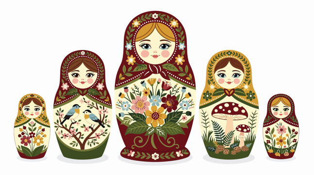 Matryoshka dolls with floral and nature motifs, traditional nesting dolls