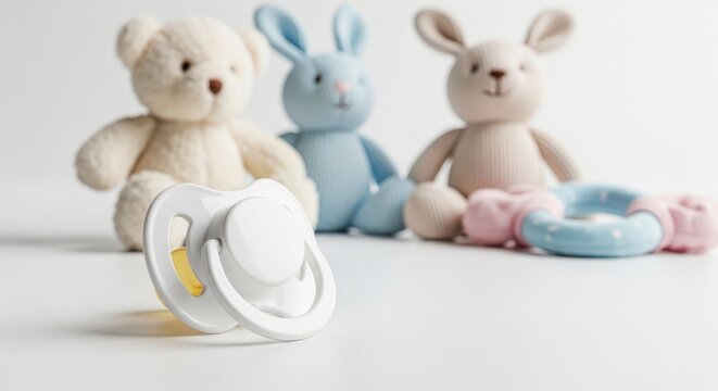 Teddy bears and pacifier on table.