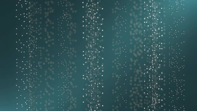 Glowing particles arranging into vertical streams creating a digital pattern on a deep teal and blue background.
