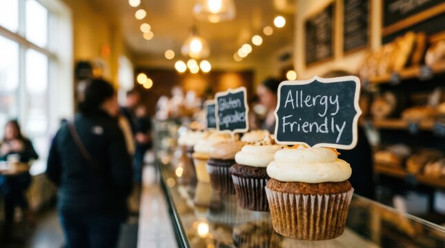 Allergy friendly cupcakes display in bakery counter for food allergy awareness poster and menu banner design