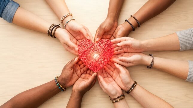 Diverse hands presenting a red string heart for world blood donor day campaign background and charity poster design