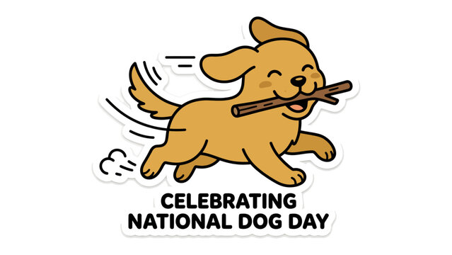Happy Dog Playing with Stick: A joyful cartoon dog, with its tongue out and tail wagging, runs happily with a stick in its mouth, celebrating National Dog Day.