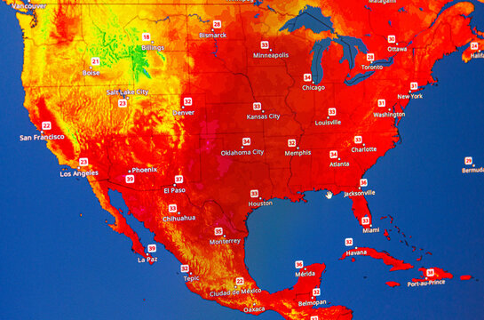Usa map with extreme heatwave temperature record graphic and global warming red concept for climate change