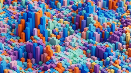 Obraz premium Abstract 3D rendering of colorful geometric blocks in a vibrant digital landscape