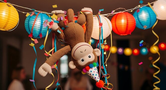 Plush monkey toy hanging amidst colorful festive decorations and confetti