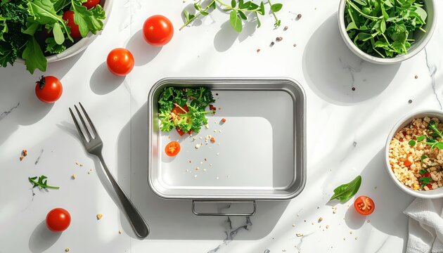 Empty metal lunch box with salad.