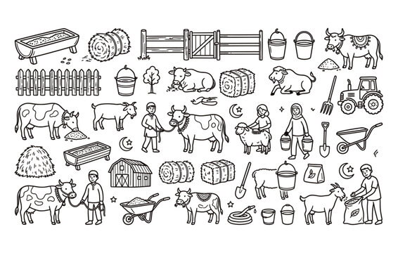 Hand drawn islamic farm life doodle sketch set with muslim farmers animals hay bales and rural agriculture tools