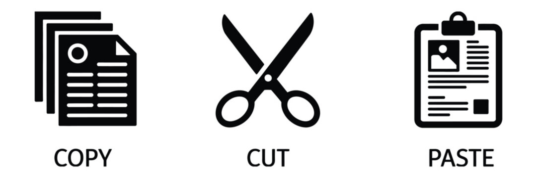 Copy cut paste icons, document editing symbols featuring clipboard, scissors, and basic file operations for office software, productivity tools, and modern user interface design applications