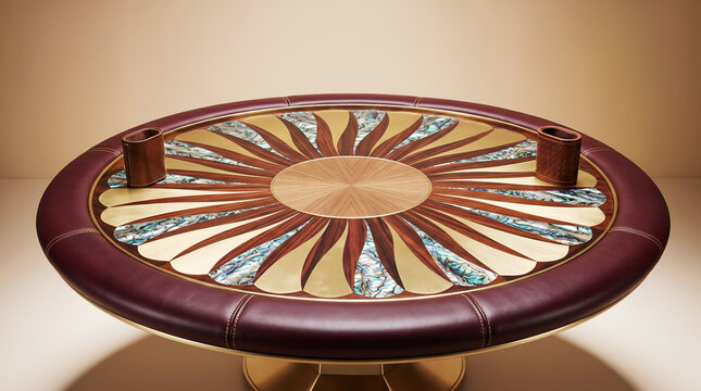 Round luxury game table with a dark leather padded rim, a central wooden inlay, and a sunburst pattern made of gold and iridescent shell tiles