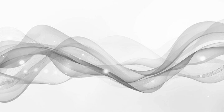 Abstract smoke waves background with shiny silver spoon and fork, metal kitchen utensils, elegant tableware design, soft light curves, restaurant dinner concept illustration