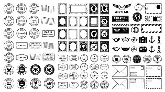 Vintage Postage Stamps, Postal Labels, Seals, Frames and Mail Elements Collection Vector Set