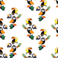 Naklejka premium Seamless vector pattern featuring geometric tropical birds including toucan, owl, parrot, and puffin in a modern Scandinavian style. Perfect for fabric, wallpaper, wrapping paper, textile, surface.