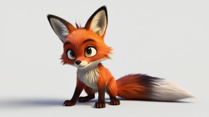 Fototapeta premium A cute glowing fox with a fluffy tail prepares to leap, showcasing its determined spirit against a pure white backdrop.