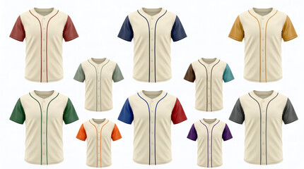 Naklejka premium Set of vintage-style baseball jerseys in various color combinations featuring contrasting piping and short sleeves for athletic wear