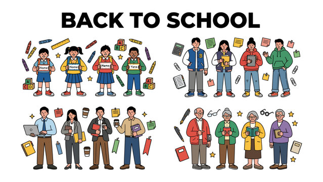 Diverse Students and Educators Return to School: A collection of illustrations depicts children, teenagers, and adults, including teachers and older learners.