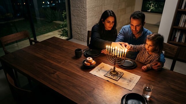 Family lighting hanukkah menorah at home together