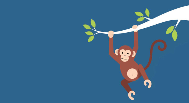A cartoon monkey with brown fur hangs from a white tree branch with green leaves against a solid blue background.