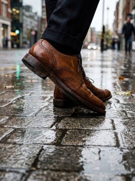 Detailed close up of a fashionable man wearing classic brown leather wingtip brogue shoes and dark trousers walking on a wet cobblestone street during a rainy day in the city downtown.