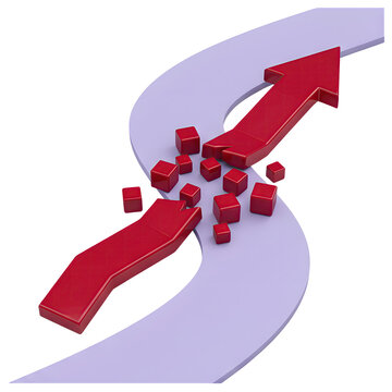 Broken red arrow with floating cubes on a curved path
