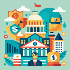 Obraz premium Government Buildings and Financial Symbols Illustration