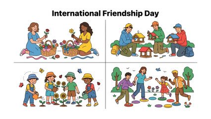 Fototapeta premium International Friendship Day Celebration: A vibrant illustration depicting four distinct scenes that celebrate the spirit of International Friendship Day.
