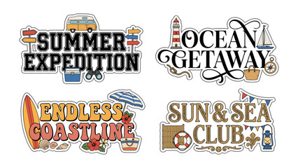 Summer Vibes Collection: A vibrant set of four stylized graphic elements evoking the joy and adventure of summer holidays, featuring themes of expedition, ocean getaways, coastal exploration. © Saifa