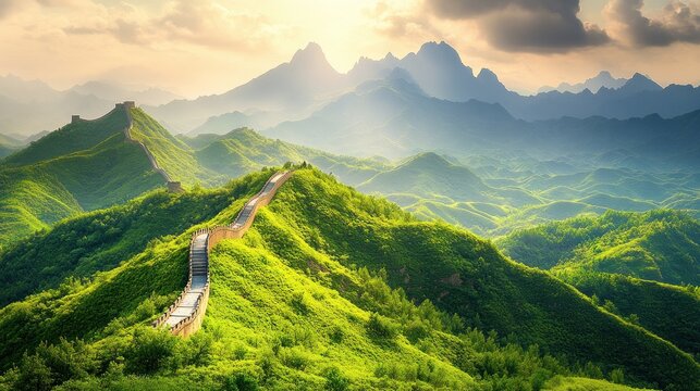 Ancient wall winding through lush hills at sunrise