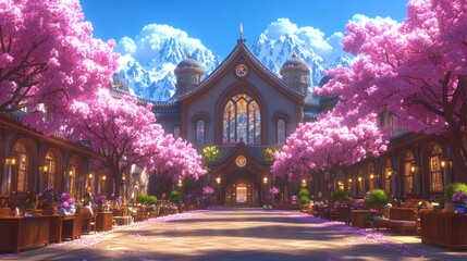 Fototapeta premium Animated school building, cherry blossoms, snowy mountains