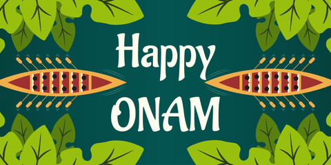 Happy Onam horizontal Banner  design. Vector Indian Wallam Kali Boat in palm leaves Frame with bold Holiday message isolated blue water Background. Happy Oman greeting placard design. EPS 10 © Svetlana
