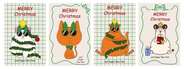 Fototapeta premium Retro Merry Christmas and Happy New Year greeting Posters Set. Vector 2027 ram fun XMAS cat and trendy Coquette frame. XMAS art on checkered copybook sheets background. EPS 10