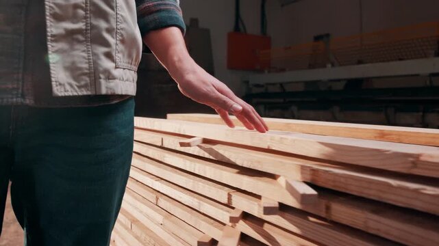 Carpenter, hands or wood inspection in workshop for lumber check, surface quality or inventory count. Manufacturing, carpentry or person with material evaluation for timber defect, backlog or storage