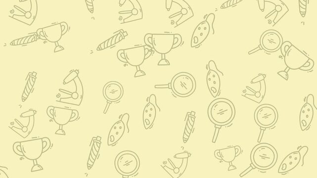 Microscope trophy pen magnifying glass icons pattern on yellow background. Perfect for sciencethemed designs, educational materials, stationery, and presentations.