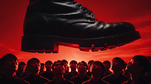 A giant boot looms over a crowd of people looking up in awe or fear.