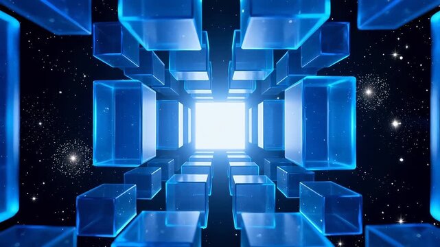 Blue glowing cubes in space tunnel