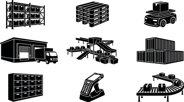 9 Isolated Logistics Vector Silhouettes Icon Symble Pack 