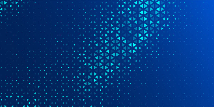 Blue neon triangle texture. Glowing arrow geometric background. Tech triangular mosaic pattern wallpaper. Fading arrow halftone gradient for business booklet, science poster, healthcare banner. eps10