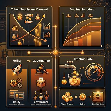 Cryptocurrency tokenomics infographic showing market data and charts