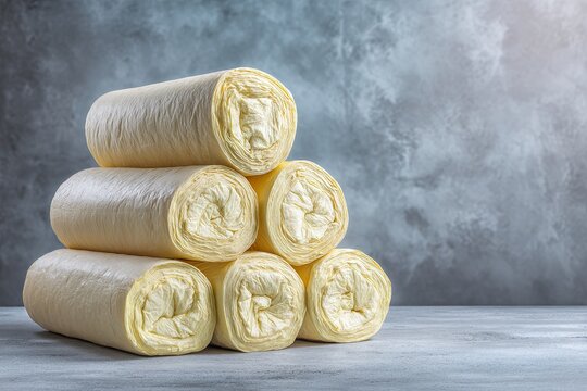 A neat stack of unwrapped insulation rolls piled high, showcasing building materials for construction projects.