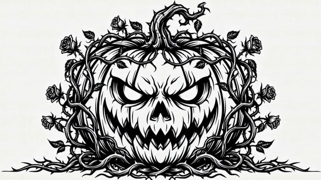 Ultra detailed black and white silhouette vector of a giant carved halloween pumpkin growing with twisted thorn vines, dead roses wrapping around the surface, eerie organic haunted botanical fusion