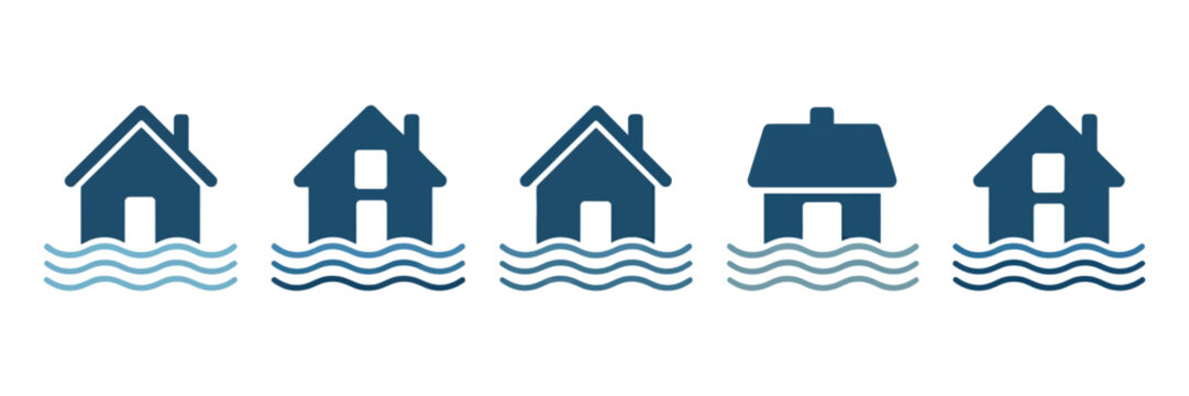 Flooding icon set, natural disaster symbols showing inundation, home flood damage, and water level rise concepts in modern flat vector illustration for emergency warning and safety communication desig