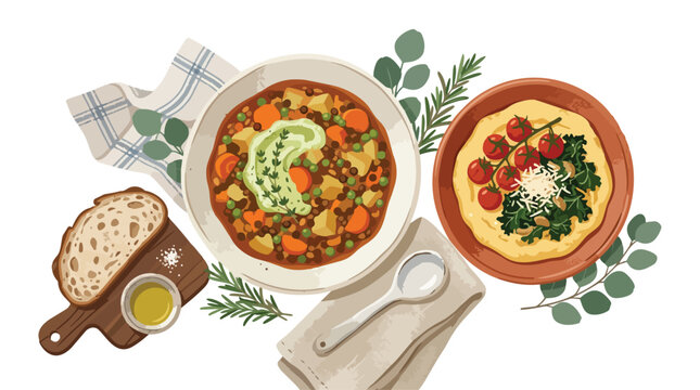 Watercolor illustration of a hearty vegetable stew and a flatbread dish with toppings.