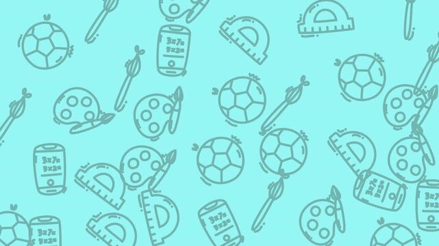 Blue sports pattern with soccer balls, art supplies, and technology icons. Suitable for sports, art, and educationrelated designs. Great for backgrounds or digital products.