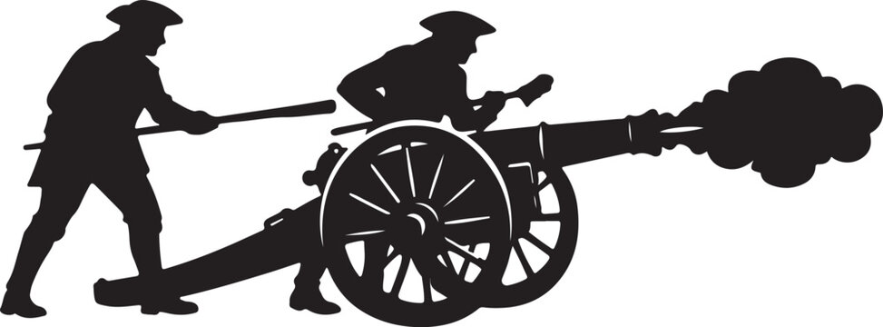  Two colonial soldiers firing a vintage black powder cannon from the American Revolutionary War period silhouette vector