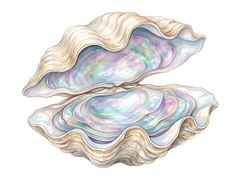 Watercolor seashell vector illustration of iridescent open clam