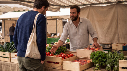 Shopper Vendor Conversation Over Seasonal Produce at Farmers Market