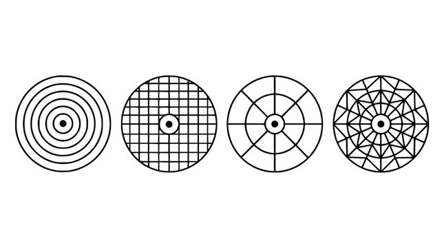 Circles Target Icon Set with Geometric Grid, Ring, and Star Web Designs on White Background for Ui Vector Illustration