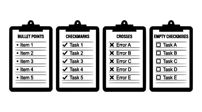 Checklist Clipboard Icons Set with Bullet Points Checkmarks Crosses and Empty Checkboxes for Task Planning Illustration