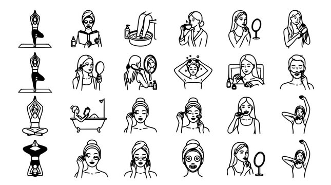 Human Silhouettes Yoga Flow Set with Meditation Poses, Mindfulness Icon Style, Hand Drawn Vector Outline Illustration