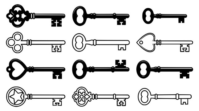 Keys Icon Set with Cyber Circuit Patterns and Bold Line Art Designs for Technology and Security Concepts